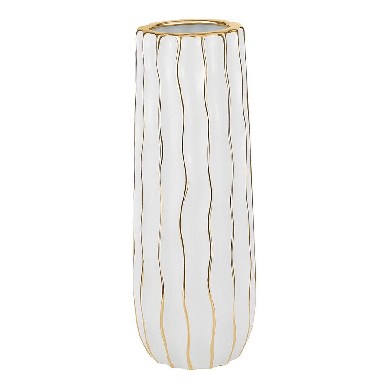 White Porcelain Tall Vase with Gold Wavy Design By Kinor Decor